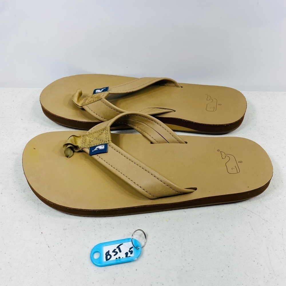 Vineyard Vines Mens Flip Flops Sandals Mustard Leather Size 8 Whale Logo